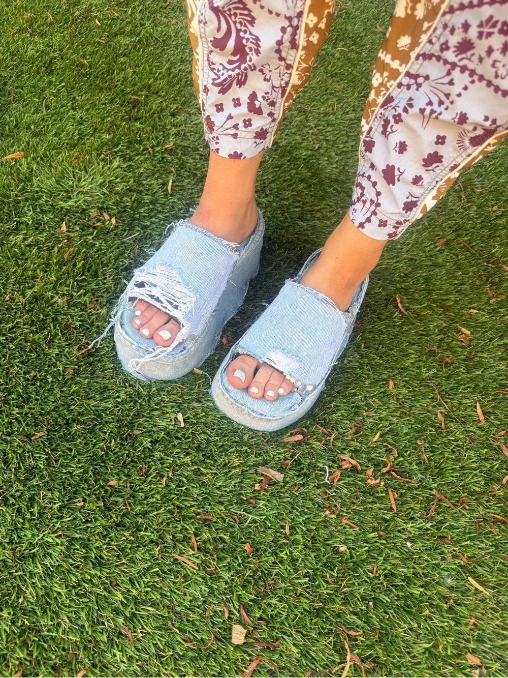 Platform Slide Sandal in Light Blue with Stud Accents